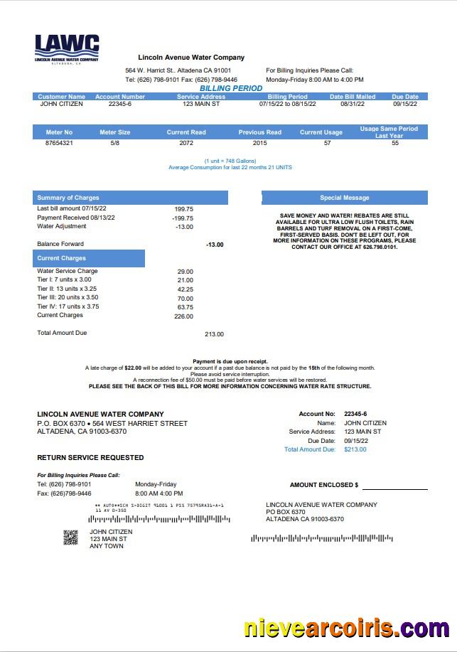 USA California Lincoln Avenue Water Company utility bill